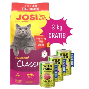 JOSERA JosiCat Classic Sterilizuota 15+3kg + WILD FARM Premium Grain Free kalakutiena ir veršiena 3x400g - sterilizuotų kačių ėdalas be grūdų