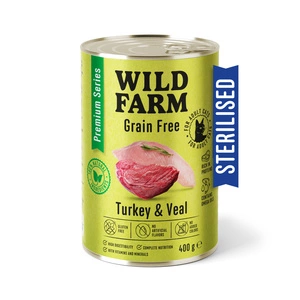 WILD FARM Premium Grain Free kalakutiena ir veršiena 400g - sterilizuotų kačių ėdalas be grūdų