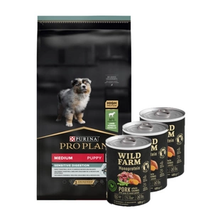 Purina Pro Plan Medium Puppy Sensitive Optidigest, ėriena ir ryžiai 12kg + Wild Farm Monoprotein Pork 3x400g hipoalerginis maistas šunims