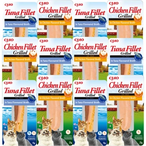 INABA Tunų filė katėms – Tunas tunų sultinyje 6x15g+ Vištienos filė katėms – Vištiena vištienos sultinyje 6x25g