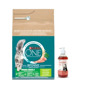 Purina One Indoor Cat suaugusių kačių ėdalas su kalakutiena katėms 3kg + LAB V Lašišų aliejus šunims ir katėms 500m