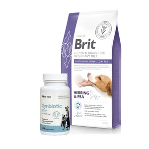 BRIT GF Veterinary Diets dog Gastrointestinal-Low Fat 12kg + LAB-V Synbiotic Vet - virškinamojo trakto sveikata ir žarnyno mikroflora šunims ir katėms 45 kapsulės