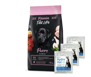 FITMIN DOG For Life Puppy 12kg + Hydro-Vet Dog - dietinis pašarų mišinys šunims, skatinantis atsigavimą po operacijos 3x22 g