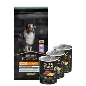 Purina Pro Plan Grain Free Adult Medium Large Sensitive Digestion OPTIDigest 12kg + Wild Farm Monoprotein Wild Boar 3x400g hipoalerginis šunų ėdalas