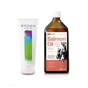 BOTANIQA Moisturizing & protection coat mask 250ml + Lab-V 100% lašišų aliejus įvairaus amžiaus šunims ir katėms 500ml šalto spaudimo