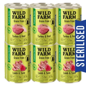 WILD FARM Premium Grain Free Turkey and Veal / Lamb and Tuna 12x400g – be grūdų maistas kastruotiems katėms