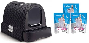 CURVER tualetas katėms su dangčiu 51x38,5x39,5 cm grafitas + Silikoninis kačių kraikas Smėlis 3x3,8 l