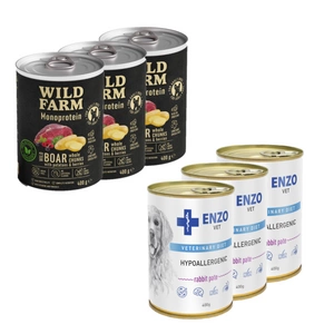 ENZO VET Hipoalerginė dieta su triušiena šunims 3x400g + Wild Farm Monoprotein Wild Boar 3x400g hipoalerginis šunų ėdalas