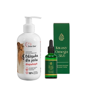 OVER ZOO plaukų kondicionierius ilgaplaukiams šunims 240ml + LAB-V Omega 3 ir 6 riebalų rūgštys bendrai šunų ir kačių sveikatos, kailio ir odos būklei gerinti 100ml