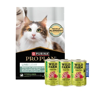 PRO PLAN LiveClear Maistas suaugusiems katėms po sterilizacijos, turtingas kalakutiena, 2,8 kg + WILD FARM Premium Grain Free Lamb and Tuna 3x400g - sterilizuotų kačių