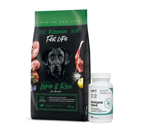 FITMIN dog For Life Lamb & Rice 12 kg + LAB-V Immuno Hard - imuniteto stiprinimas šunims ir katėms 45 kapsulės