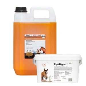 LAB-V EquiDigest virškinimą stiprinantis pašarų mišinys žirgams 1kg + Flaxseed Oil – 100% olej lniany tłoczony na zimno dla koni 5000 ml