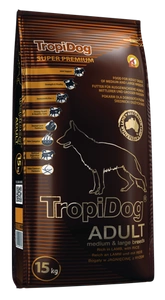 TROPIDOG Super Premium suaugusiems vidutinių ir didelių veislių šunims ėriena su ryžiais 15kg