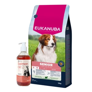 EUKANUBA Mature&Senior Mažų ir vidutinių veislių ėriena su ryžiais 12kg + LAB V Lašišų aliejus šunims ir katėms 500ml