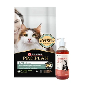 PRO PLAN LiveClear Maistas suaugusiems katėms po sterilizacijos, turtingas lašiša, 1,4 kg + LAB V Lašišų aliejus šunims ir katėms 500ml
