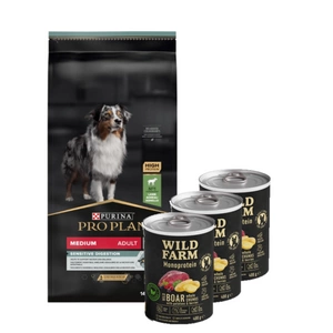 Purina Pro Plan Adult Medium Sensitive Digestion Lamb 14kg + Wild Farm Monoprotein Wild Boar 3x400g hipoalerginis šunų ėdalas