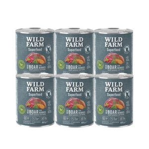 WILD FARM Superfood Wild Boar (elniena su batatais, uogomis ir žolelėmis) 6x800 g pašaro šunims be grūdų