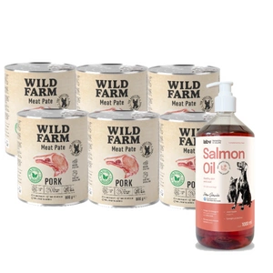WILD FARM Pate Pork 6x800g ėdalas šunims be glitimo +LAB V Lašišų aliejus šunims ir katėms 1000ml
