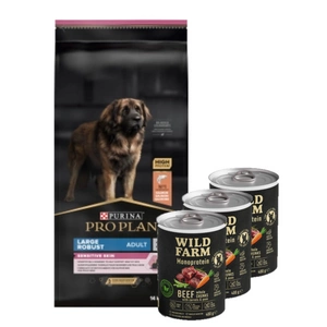 Purina Pro Plan Large Adult Robust Optiderma, lašiša ir ryžiai 14kg + Wild Farm Monoprotein Beef 3x400g hipoalerginis maistas šunims