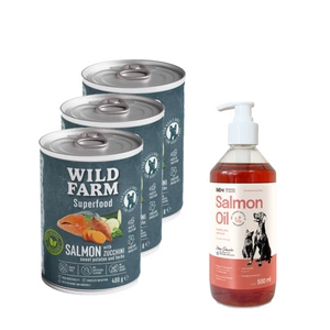 Wild Farm Superfood Salmon lašiša 3x400 g pašaro šunims be grūdų + LAB V Lašišų aliejus šunims ir katėms 500ml