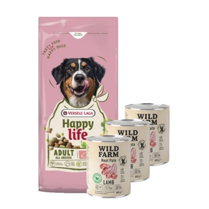 VERSELE-LAGA Happy Life Adult su ėriena 12,5 kg - suaugusių didelių veislių šunų ėdalas su ėriena + WILD FARM Pate Lamb 3x800g ėdalas šunims be glitimo