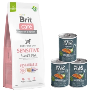 BRIT CARE Sustainable Sensitive Insect & Fish 12kg + Wild Farm Superfood Salmon lašiša 3x400 g pašaro šunims be grūdų