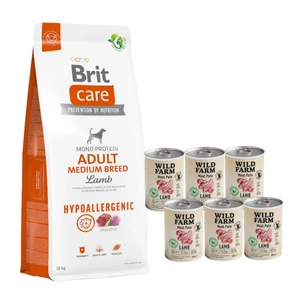 BRIT CARE Dog Hypoallergenic Adult Medium Breed Lamb 12kg + Wild Farm Pate Lamb 6x400g ėrienos ėdalas šunims be glitimo