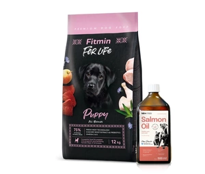 FITMIN DOG For Life Puppy 12kg + Lab-V 100% lašišų aliejus įvairaus amžiaus šunims ir katėms 500ml šalto spaudimo