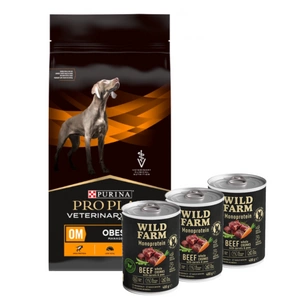 PURINA Veterinary PVD OM Obesity Management 12kg + Wild Farm Monoprotein Beef 3x400g hipoalerginis maistas šunims