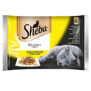 SHEBA paketėlis 4x85g Delicacy in Jelly - Paukštienos skoniai - drėgnas kačių maistas želė (su vištiena, su kalakutiena, su antiena, su paukštiena)