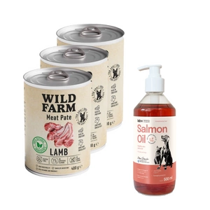 Wild Farm Pate Lamb 3x400g ėrienos ėdalas šunims be glitimo + LAB V Lašišų aliejus šunims ir katėms 500ml
