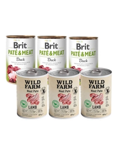 Wild Farm Pate Lamb 3x400g ėrienos ėdalas šunims be glitimo + BRIT PATE & MEAT DUCK 3x400g